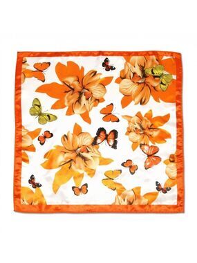 Orange Butterfly Floral Satin Scarf 20x20 Women's Hair Neck Head Scarf